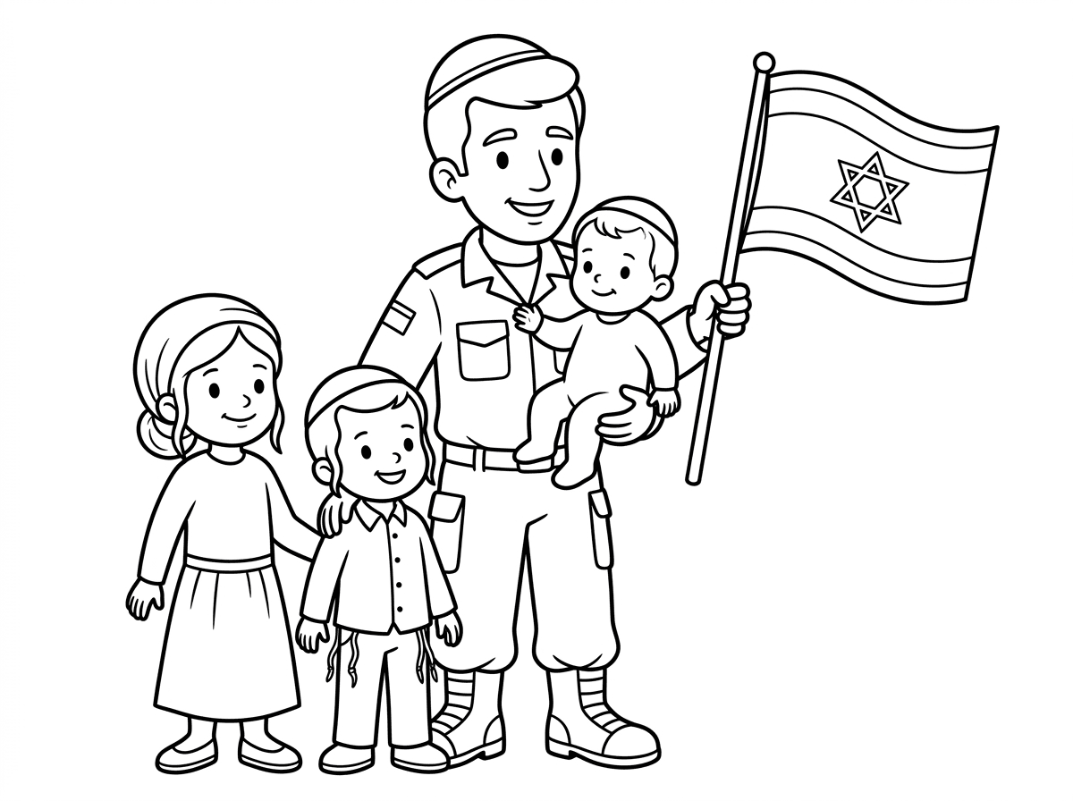 תוכל לצייר לי 3 ילדים בני 5, 3 ושנה דתיים עם אבא חייל? 
ודגל ישראל