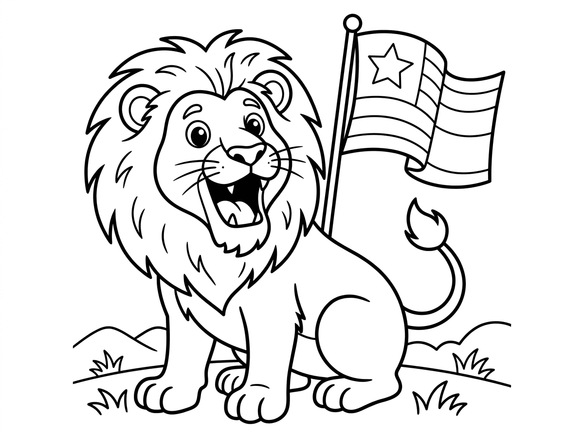צור לי דף צביעה של אריה שואג עם דגל ברקע