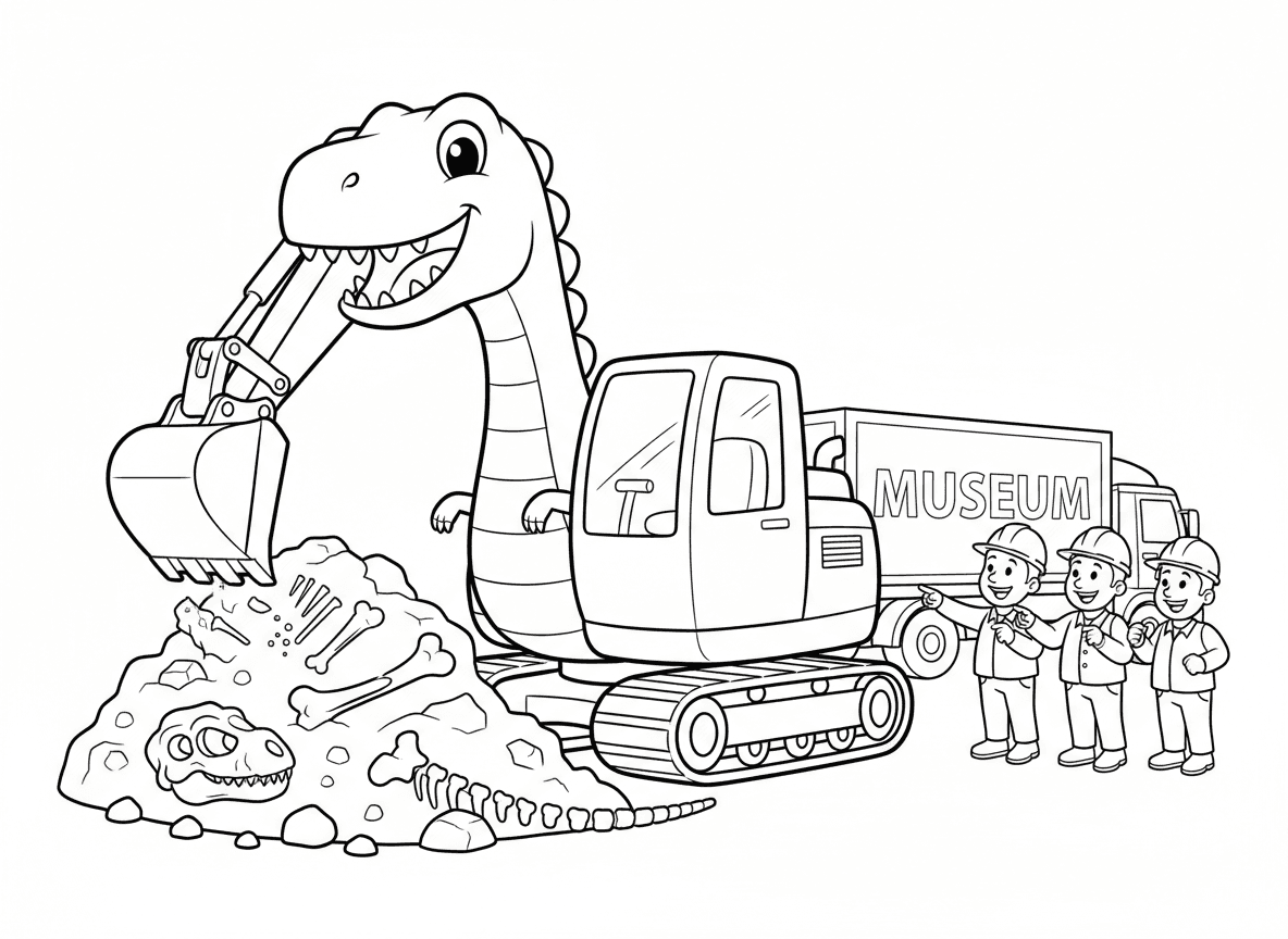 חפרן דינוזאור - חפרן שנראה כמו דינוזאור, דלי כפה, זרוע כצוואר, תא כגוף, שרשראות כרגליים, חופר מאובני דינוזאורים אמיתיים, פועלי בניין נדהמים, משאית מוזיאון ממתינה