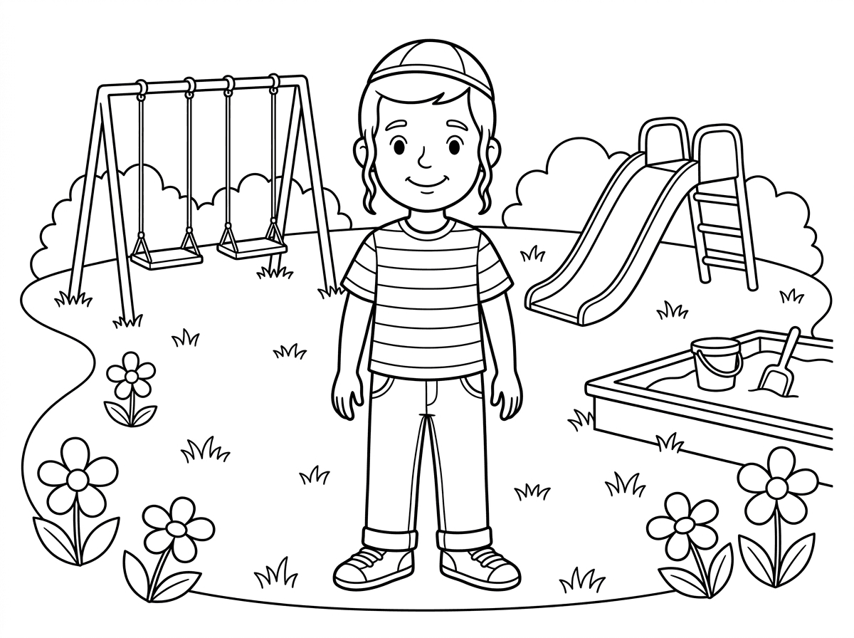 עכשיו אני רוצה דף צביעה של אה ילד חמוד שעומד בגינה. ומסביב יש דשא יפה ומתקנים. אממ, לילד הזה יש חולצת פסים לבנה, אה לבן שחור. אממ, מכנסיים, מכנסי ג'ינס, אממ נע נעליים חומות, נעלי ספורט. אה ביי אה פייס ירושלמי ו וכיפה שחורה.