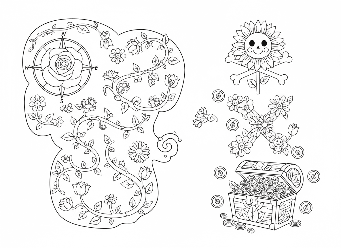 מפת אוצר פיראטים מפרחים - מפת אוצר מצוירת עם פרחים, מצפן ורדים, קווי שביל גפנים, X מפרחים מסמן את המקום, מטבעות זרעים מפוזרים, תיבת אוצר עלי כותרת, גולגולת חמנייה, צורת אי גינה