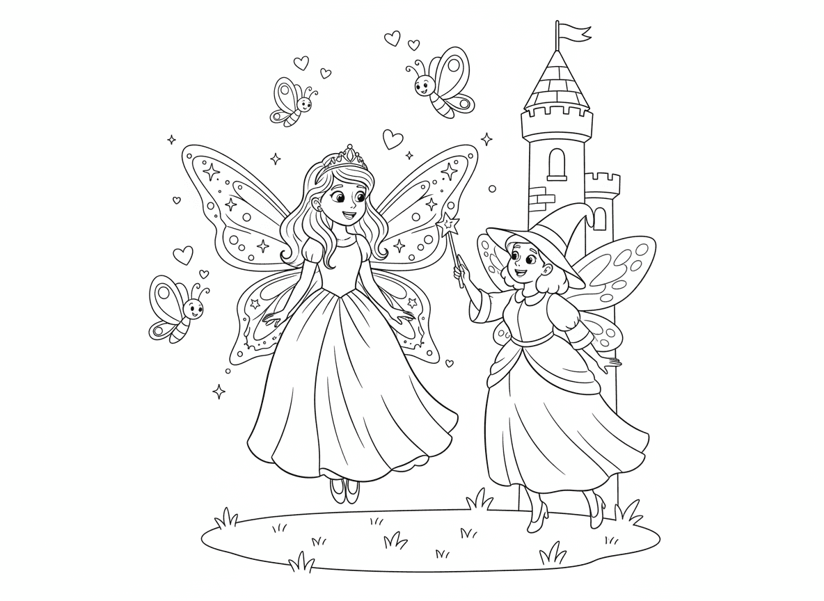 נסיכה מגדלת כנפיים ולומדת לעוף - נסיכה מצמיחה כנפיים נוצצות יפהפיות בפעם הראשונה, נראית נדהמת, מרחפת מעט מעל הקרקע, פייה סבתא מלמדת אותה, חברות פרפרים מעודדות, מגדל טירה לעוף סביבו