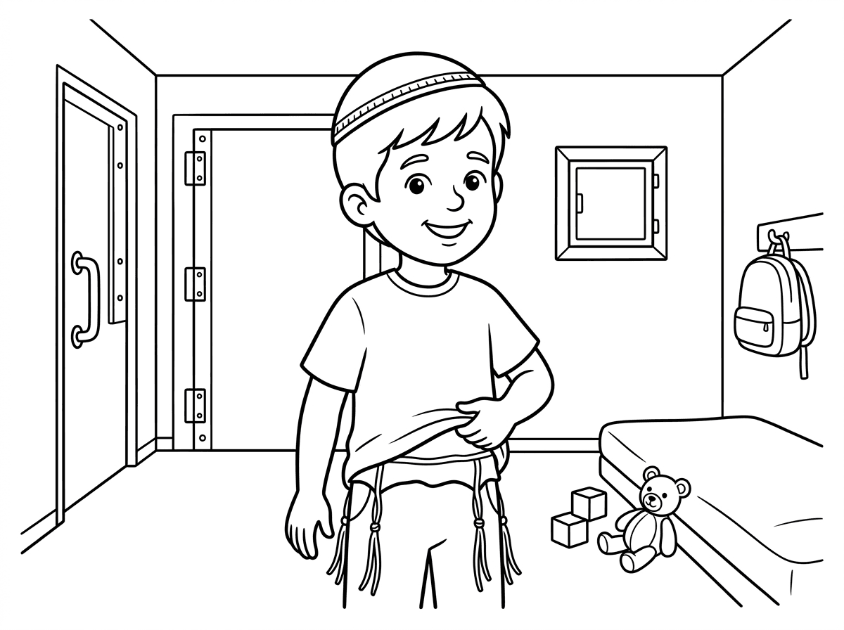 תכין לי ציור שמתאים לילד עם כיפה וציציות שנמצא בממד והוא גיבור כל כך