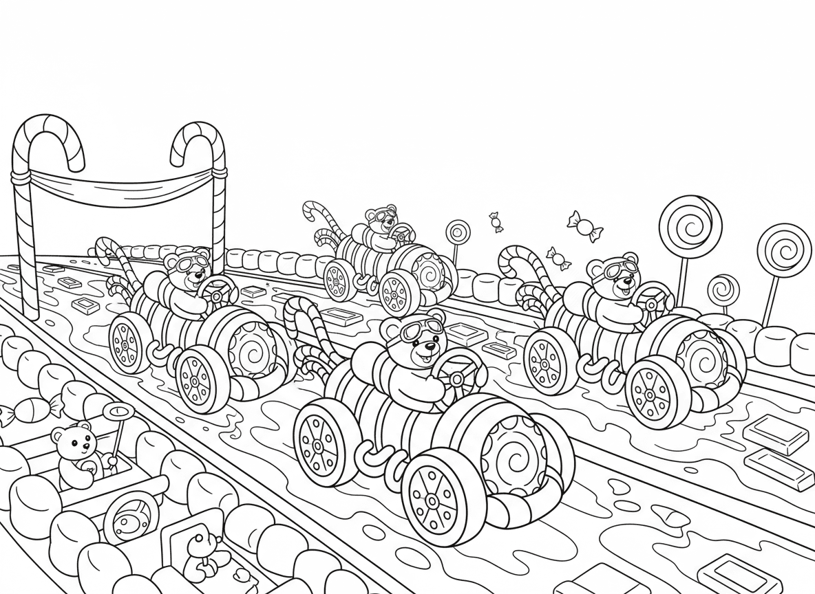 מירוץ מכוניות ממתקים - מכוניות מירוצים עשויות ממתקים דוהרות על כביש שוקולד, הגאים של סוכריות על מקל, צמיגי עוגיות, נהגי סוכריות גומי, מפלטי ליקריץ, עצירות פיט מרשמלו, קו סיום מקני ממתקים