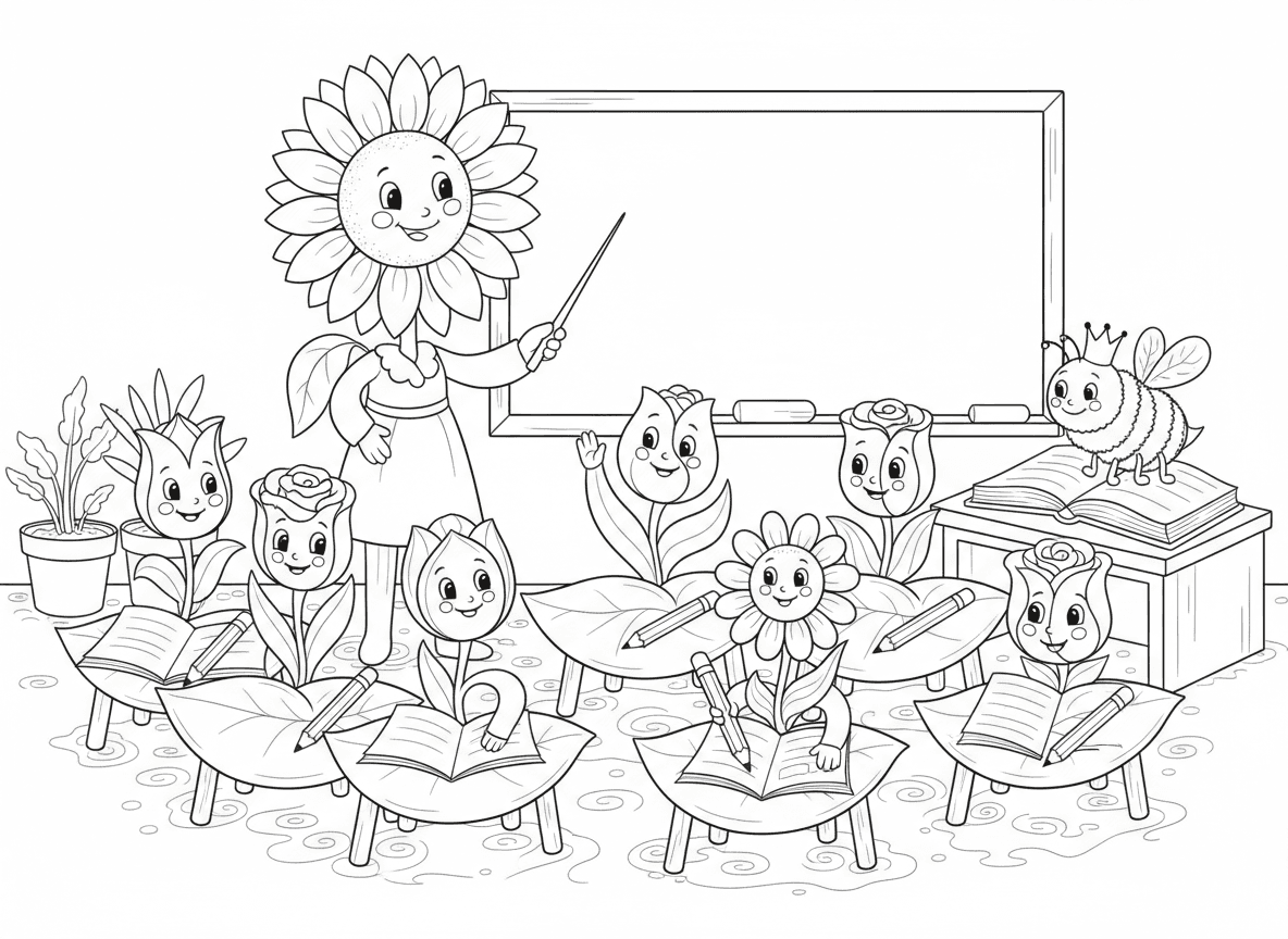 כיתת בית ספר לפרחים - כיתה שתלמידי פרחים לומדים לפרוח, חמנייה מורה ליד הלוח, תלמידי צבעוני בשולחנות עלי כותרת, חיננית מרימה יד, ורד עושה שיעורי בית, עפרונות זרעים, מחברות עלים, דבורה מנהלת