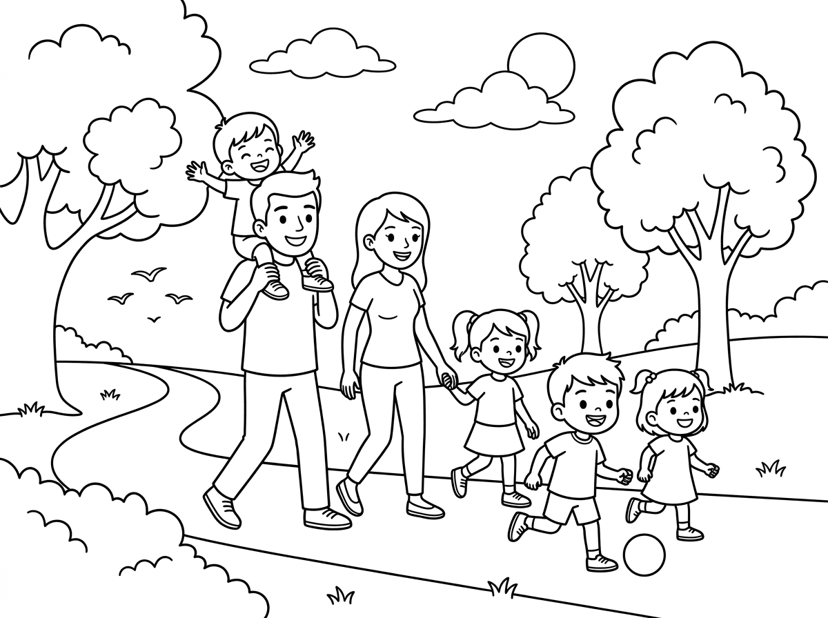 ציור של משפחה עם 4 ילדים בטיול בפארק