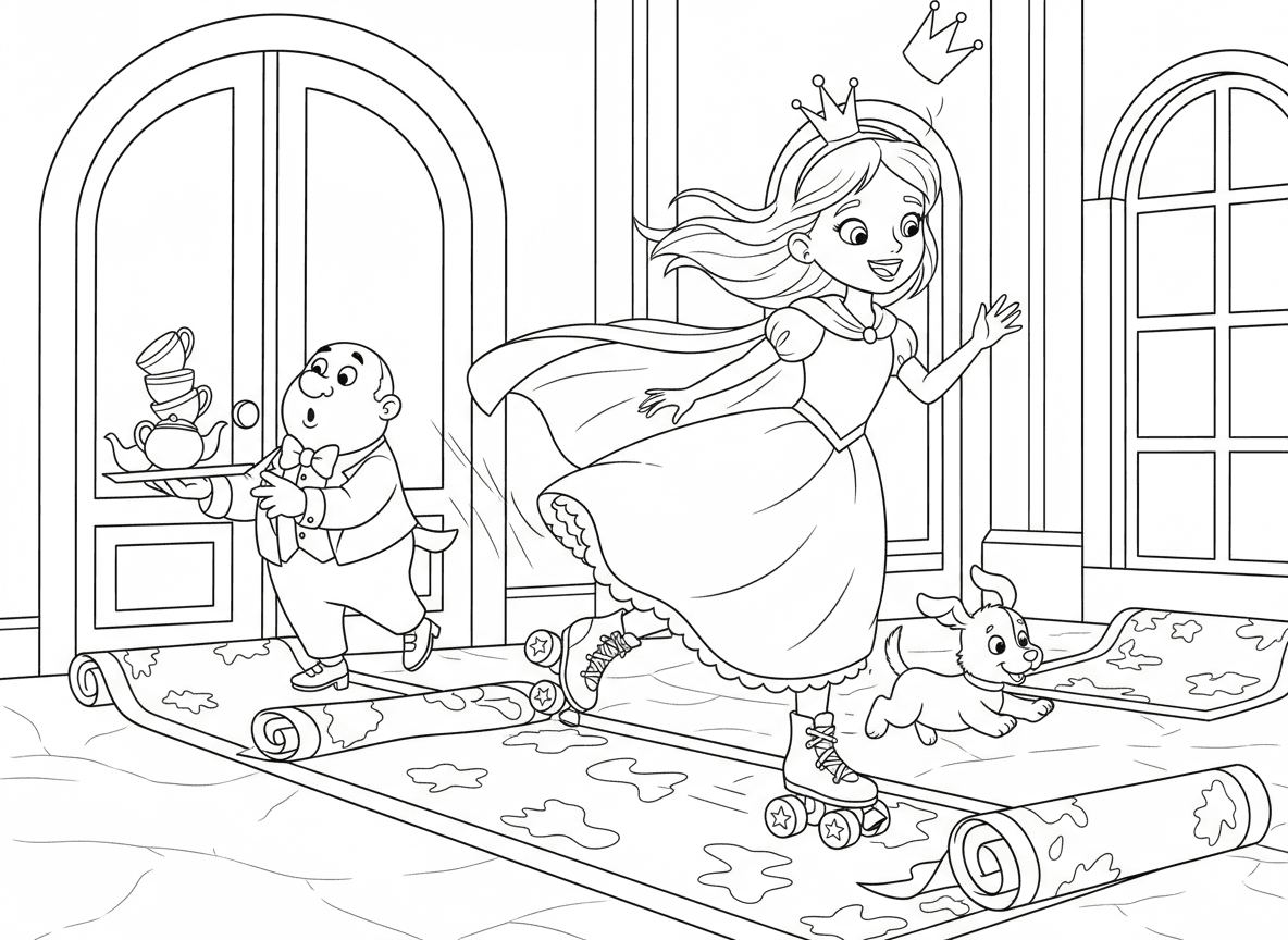 נסיכה על רולרבליידס במסדרון הארמון - נסיכה על גלגיליות נוצצות במסדרון הארמון הארוך, גלימה מתנופפת מאחור, משרת מופתע מפיל מגש, כתר כמעט נופל, גור רודף אחריה, שטיח מגולגל