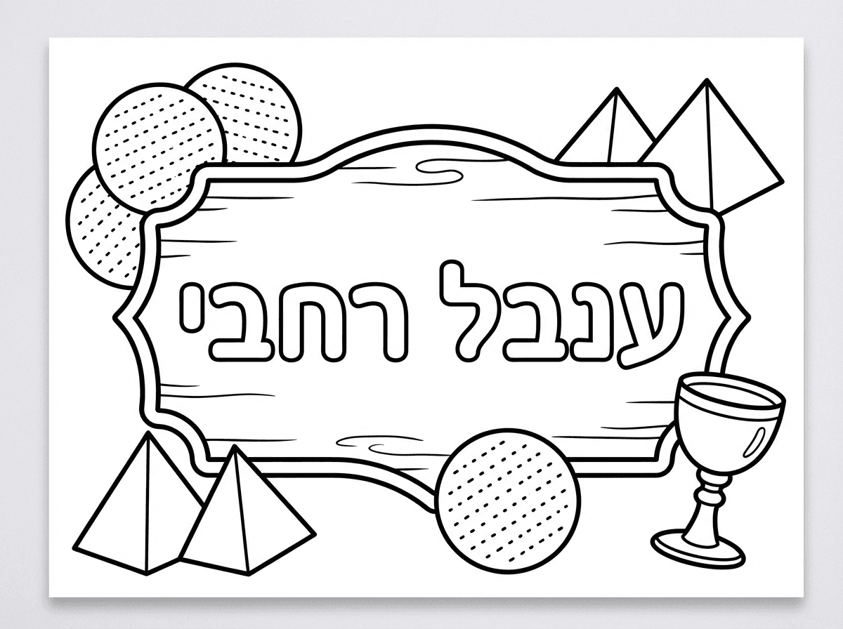 שלט עם שם ענבל רחבי
עם מצות עגולות פרמידות וגביע יין