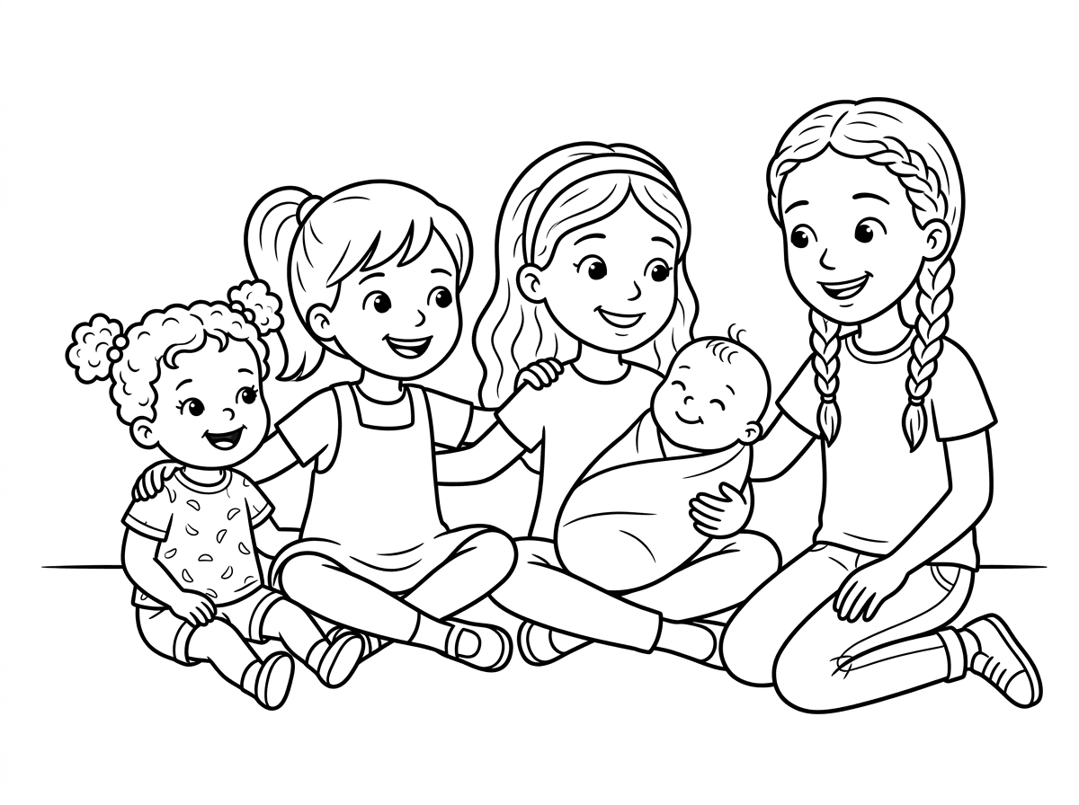 הי
תוכל ליצור לי דף צביעה של 5 ילדים,
4 בנות בגילאי 
שנתיים, שש, שמונה וישר
ותינוק בן קטן בן חודשיים,
שיושבים יחד בשמחה?