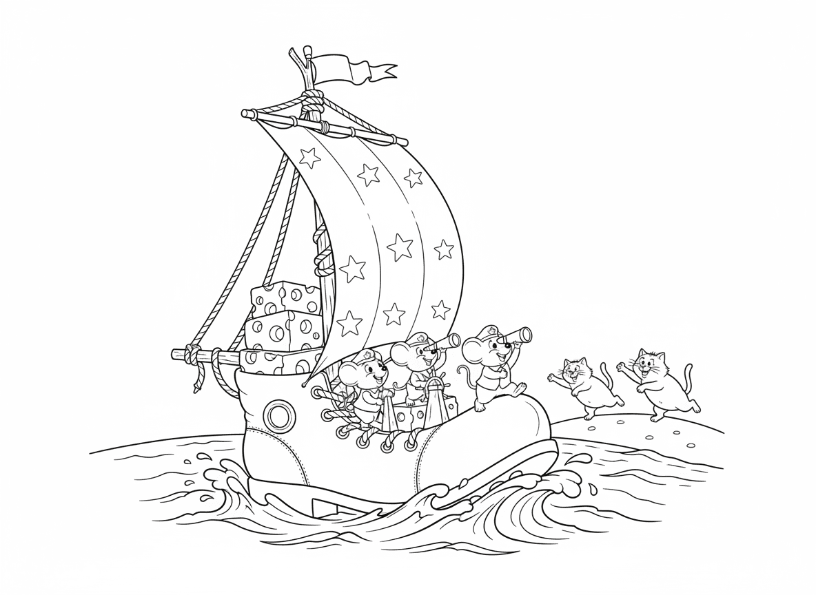 סירה עשויה מנעל ענקית - סירה מנעל ענקית שטה בים, שרוכים כציוד מפרשים, לשונית כסיפון, סוליה כגוף, צוות עכברים, מטען גבינה, חתולים רודפים מהחוף, גלים מתנפצים