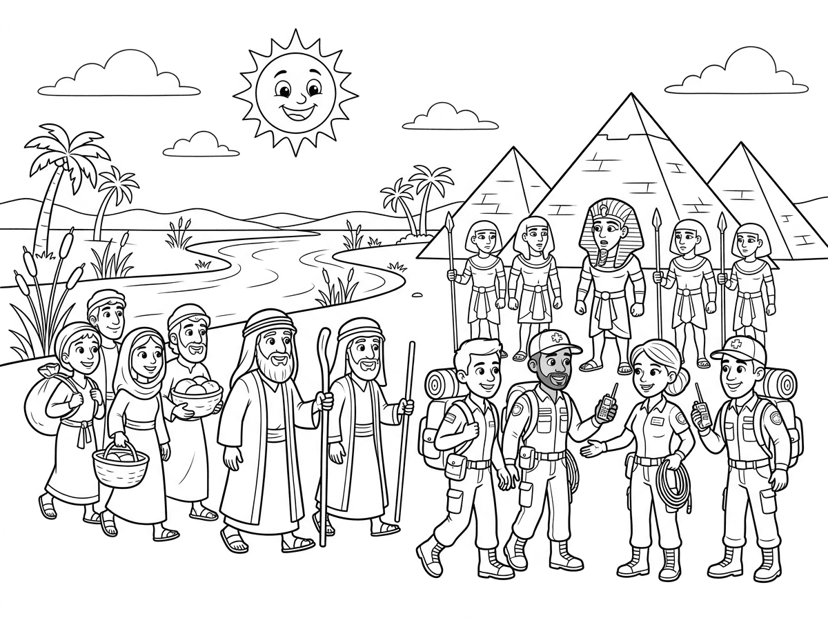 תצייר  דמויות של אנשים יוצאים ממצרים, פרעה והמשרתים ותוסיף גם דמויות מיחידת החילוץ בסגנון מצויר של פיקסאר שיהיה מסביב פרמידות, נהר הנילוס שמיים ושמש בקווים פשוטים לילדים קטנים