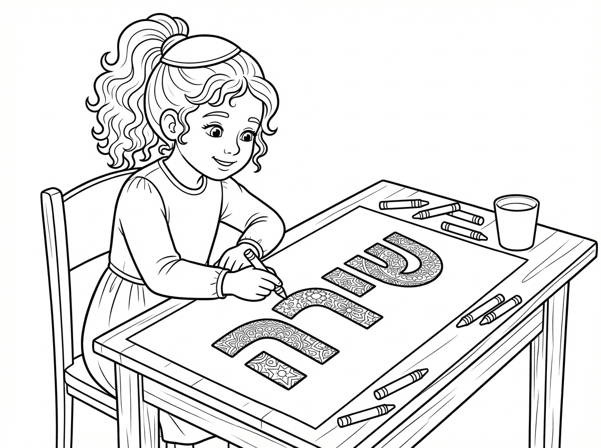 תיצור לי ציור של ילדה חרדית בגיל 5 עם שיער מתולתל אסוף לקוקו שקר שיושבת וצובעת דף של השם "שירה" עשוי ממנדלות