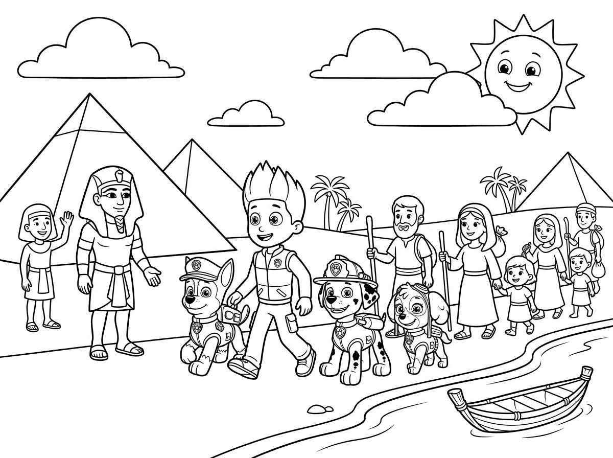 תצייר  דמויות של אנשים יוצאים ממצרים, פרעה והמשרתים ותוסיף גם דמויות של כלבים מיחידת החילוץ paw patrol בסגנון מצויר של פיקסאר שיהיה מסביב פרמידות, נהר הנילוס שמיים ושמש בקווים פשוטים לילדים קטנים