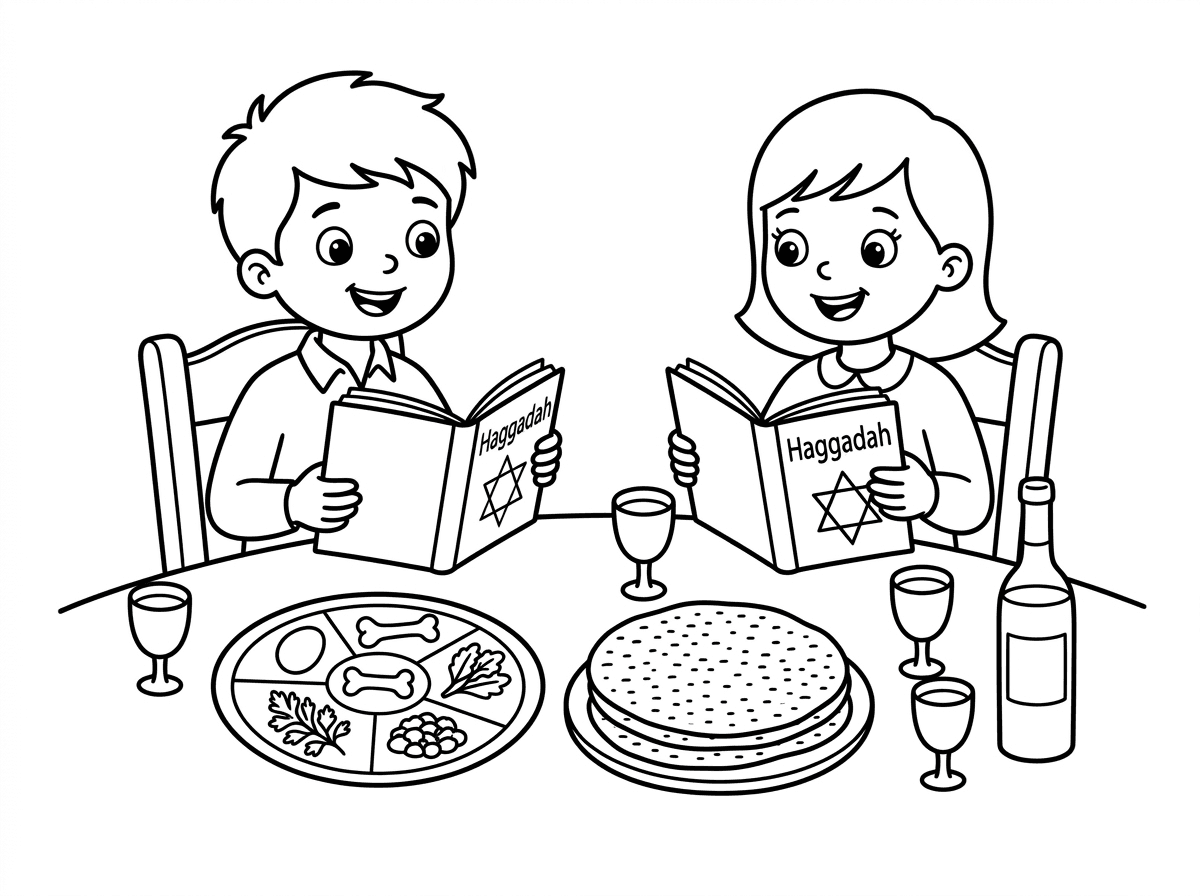להכין דף צביעה שולחן ליל הסדר עם ילד וילדה קוראים בהגדה ומונח על השולחן 3 מצות עגולות, בקבוק יין, קערת הסדר ו4 כוסות.
