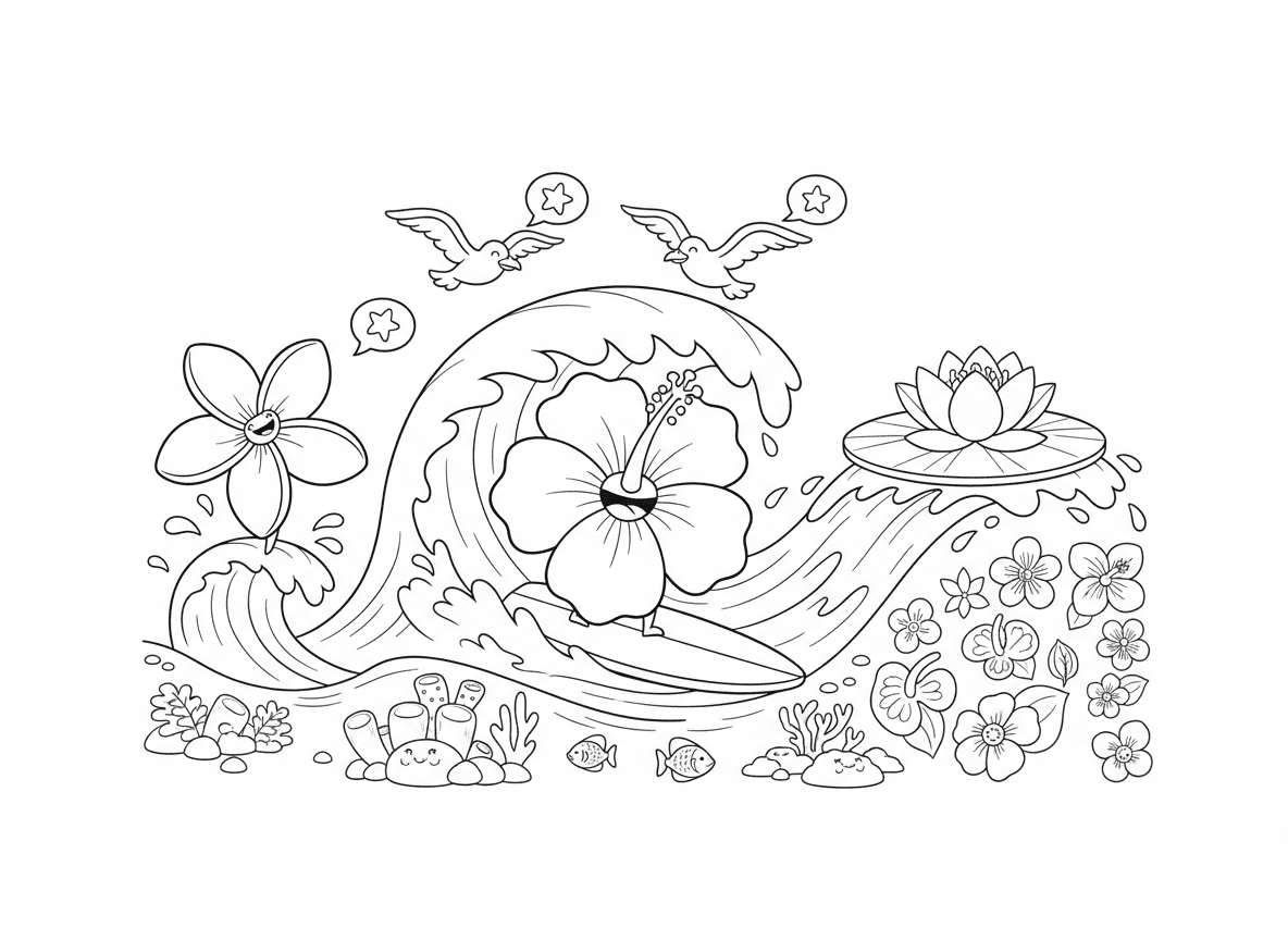 פרחים גולשים על גלי ים - פרחים גולשים על גלי אוקיינוס, היביסקוס על גלשן, פלומריה עושה טריקים, שושנת מים צפה וגולשת באופן טבעי, שחפים מעודדים, שונית אלמוגים למטה, חוף פרחים טרופי