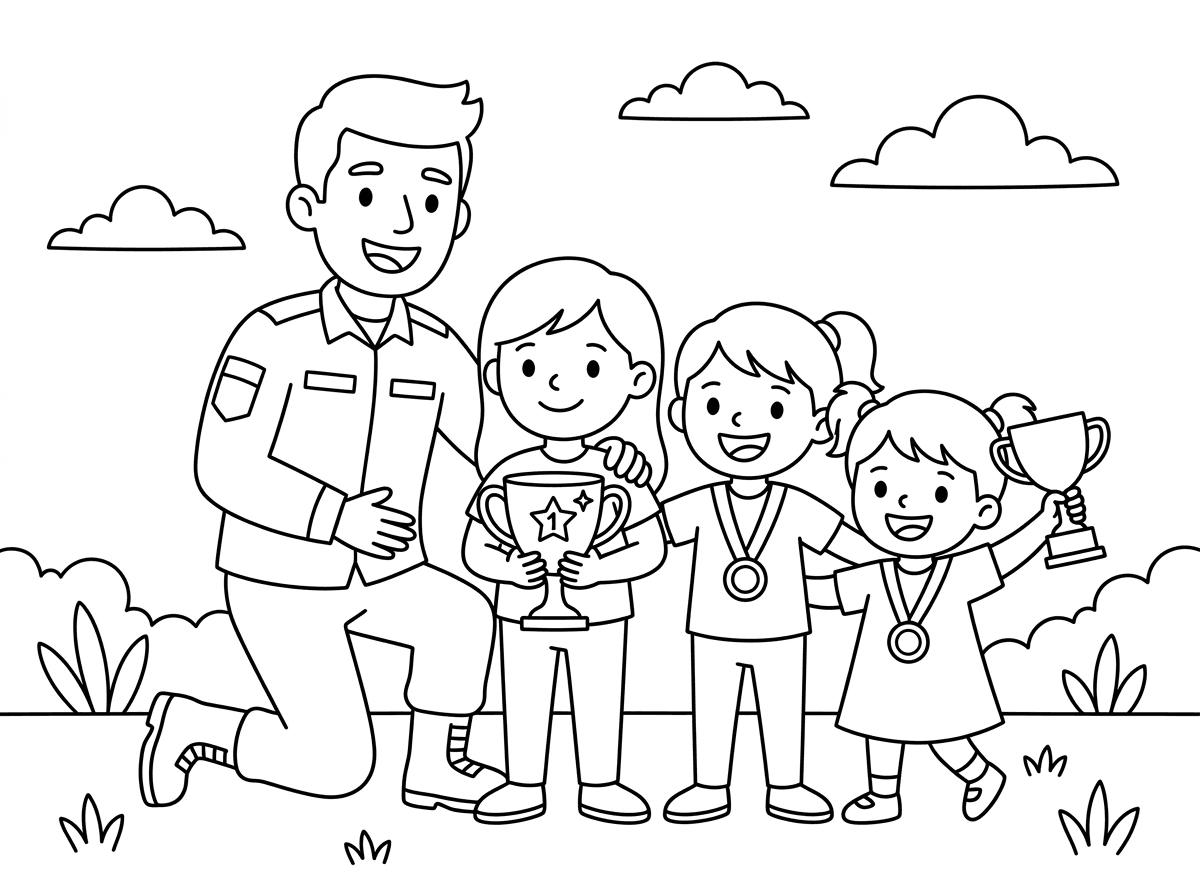 תכין לי דף צביעה של אבא חייל עם 3 ילדות אלופות