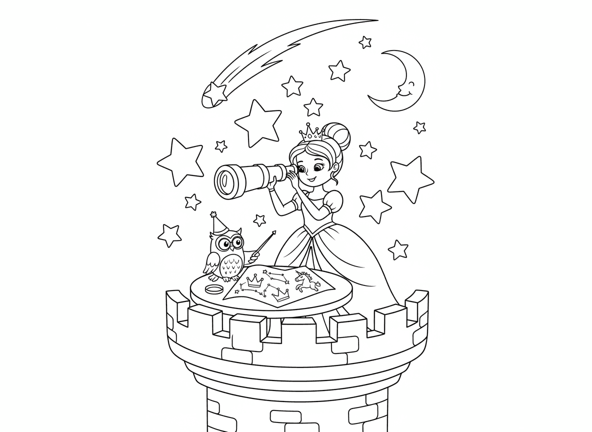נסיכה אסטרונומית ממפה כוכבים - נסיכה על מרפסת מגדל עם טלסקופ זהב ממפה קבוצות כוכבים, מפת כוכבים פרוסה על שולחן, קבוצות כוכבים בצורת כתרים וחד קרנים, כוכב נופל, ינשוף עוזר אסטרונומיה, ליל ירח