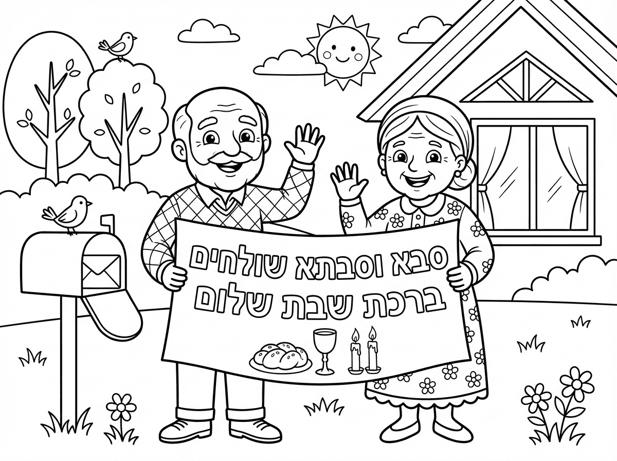אפשר דף צביעה עם כיתוב סבא וסבתא שולחים ברכת שבת שלום
