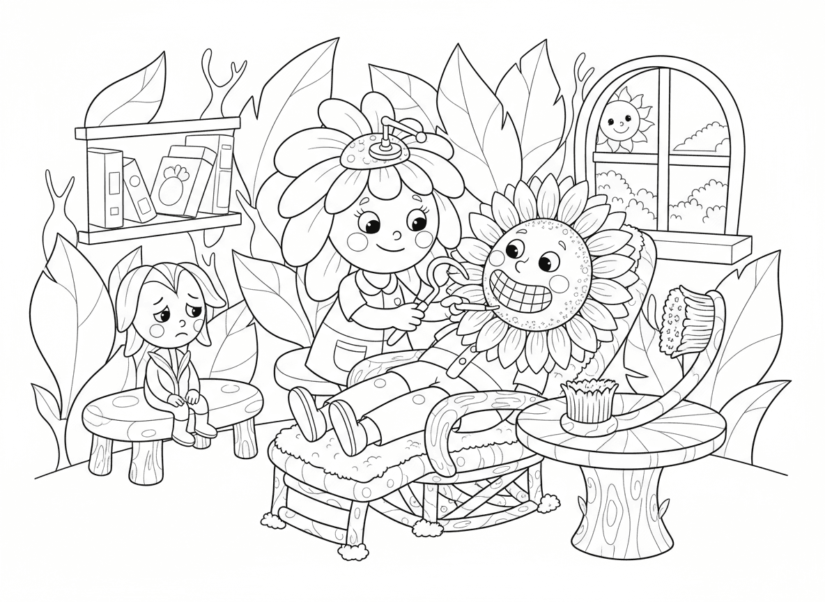 מרפאת שיניים לפרחים - מרפאת שיניים שפרחים מנקים עלי כותרת, חיננית רופאת שיניים עם כלים זעירים, חמנייה בכיסא פותחת רחב, צבעוני עצבני בחדר המתנה, מברשת שיניים מגבעול וסיבי עלים