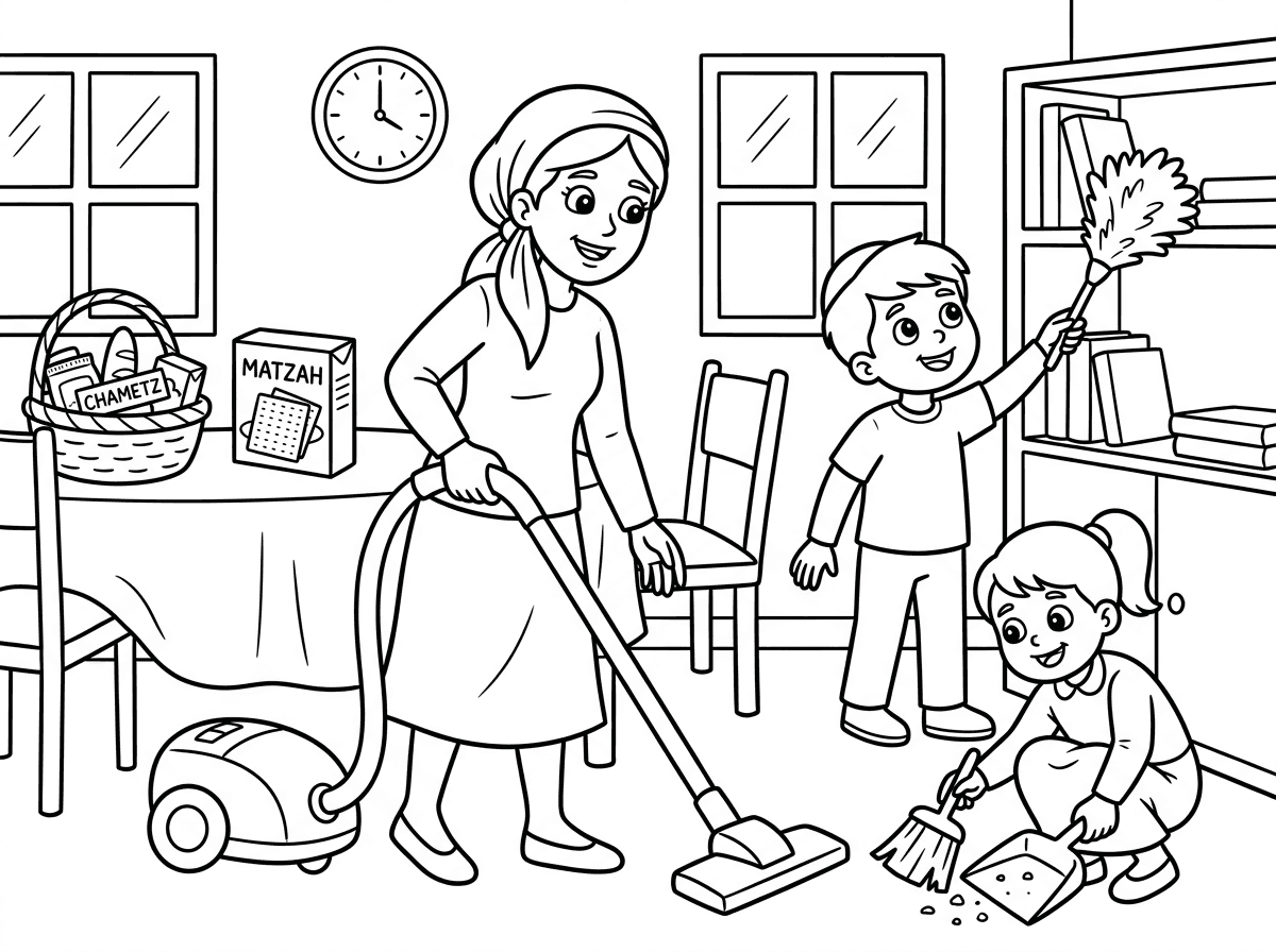 ציור של ילדים מנקים את הבית פסח עם אמא
