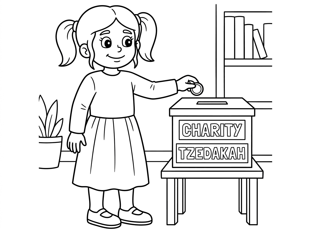 שלום צור לי דף צביעה
ילדה תורמת מטבע לצדקה בקופה

הילדה בלבוש חרדי חצאית עוברת את הברך, גרביונים, שרוולים ארוכים, 2 קוקיות בשיער