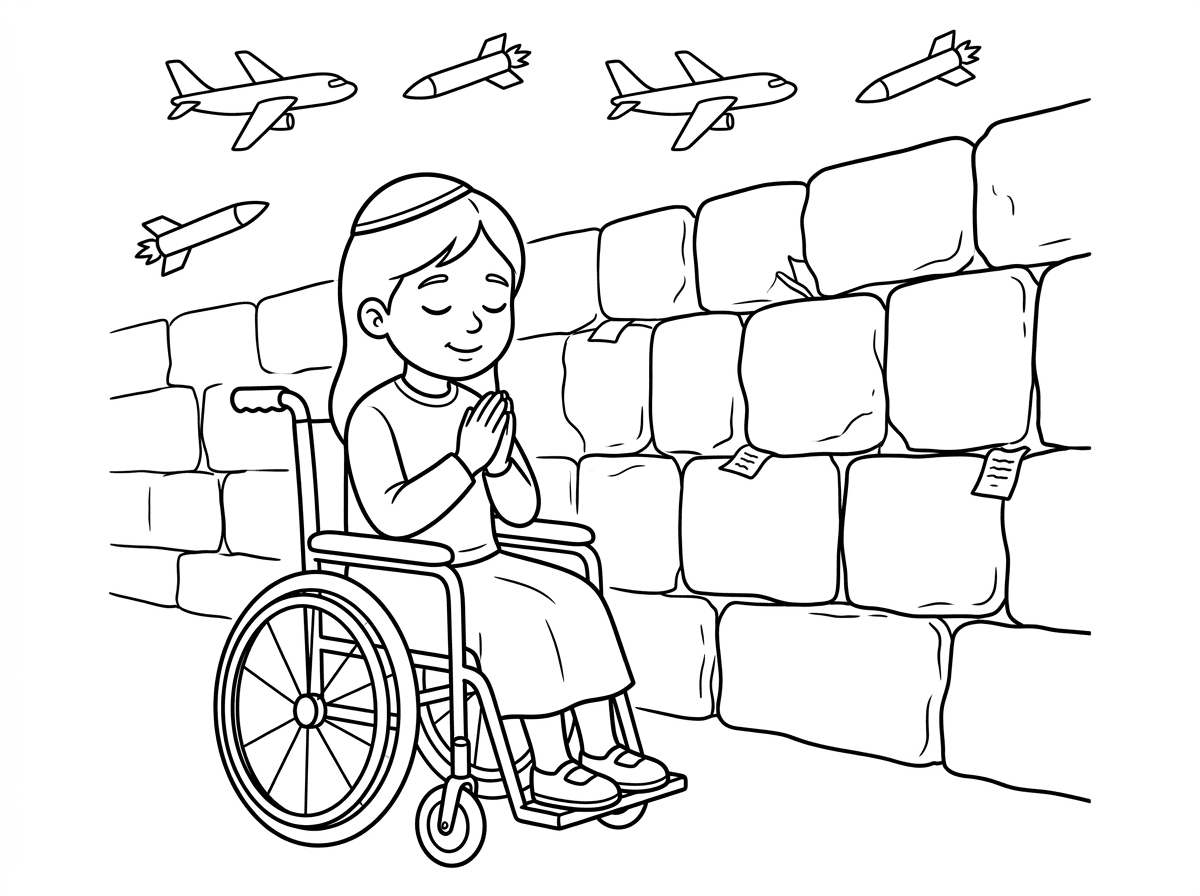 ילדה על כסא גלגלים עם חצאית מתפללת בכותל וטילים ומטוסים מעל בשמים