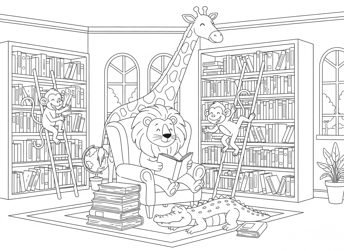 ספארי בתוך ספרייה
אריה קורא ספר, ג’ירפה מגיעה למדף העליון, קופים גולשים על סולמות, ותנין ישן על ערימת ספרים.