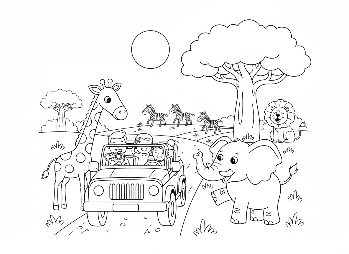 ג׳יפ ספארי באפריקה - ג׳יפ ספארי פתוח נוהג בסוואנה אפריקאית, משפחה עם משקפות, ג׳ירפה מתכופפת להציץ פנימה, פיל מנופף בחדק, זברות רצות, אריה מפהק, עץ באובב, שביל מאובק