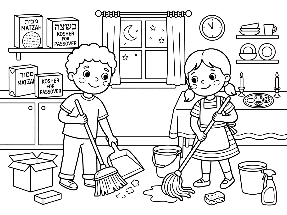 אשמח לדף צביעה של ילד וילדה מנקים את הבית לפסח