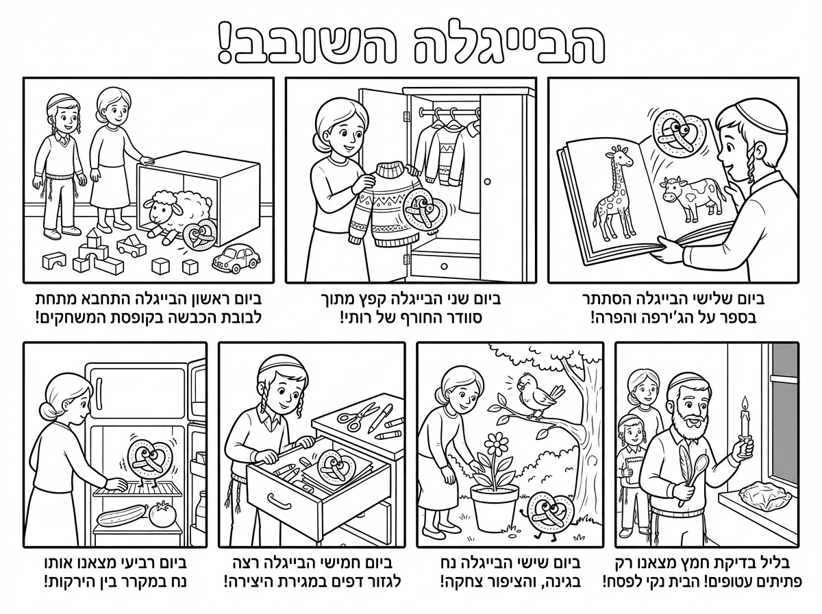 כותרת הדף (באותיות גדולות וחלולות לצביעה): הבייגלה השובב!
משבצת 1: יום ראשון - קופסת המשחקים
• מה מצויר: שמוליק (עם כיפה, ציצית ופיאות קצרות ומסודרות) ורותי (בחצאית וחולצה צנועות) עומדים ליד קופסת צעצועים הפוכה. על הרצפה יש קוביות, מכונית, בובת כבשה פרוותית, ובתחתית הקופסה מציץ בייגלה עם עיניים שובבות.
• כיתוב בתחתית המשבצת: ביום ראשון הבייגלה התחבא מתחת לבובת הכבשה בקופסת המשחקים!
משבצת 2: יום שני - ארון הבגדים
• מה מצויר: רותי עומדת מול ארון בגדים פתוח ומחזיקה סוודר מקופל. מהסוודר נופל למטה בייגלה שמנמן.
• כיתוב בתחתית המשבצת: ביום שני הבייגלה קפץ מתוך סוודר החורף של רותי!
משבצת 3: יום שלישי - הספרייה
• מה מצויר: שמוליק מחזיק ספר פתוח. בדף הפתוח של הספר מצוירות ג'ירפה ופרה, וממש מתוך הדף קופץ החוצה הבייגלה.
• כיתוב בתחתית המשבצת: ביום שלישי הבייגלה הסתתר בספר על הג'ירפה והפרה!
משבצת 4: יום רביעי - המקרר
• מה מצויר: רותי פותחת את דלת המקרר. על המדף, בין מלפפון לעגבניה, יושב לו הבייגלה השובב ונראה שקר לו.
• כיתוב בתחתית המשבצת: ביום רביעי מצאנו אותו נח במקרר בין הירקות!
משבצת 5: יום חמישי - מגירת היצירה
• מה מצויר: שמוליק מסתכל לתוך מגירה פתוחה. במגירה יש מספריים, דפים וצבעים, והבייגלה מציץ מבין הדפים.
• כיתוב בתחתית המשבצת: ביום חמישי הבייגלה רצה לגזור דפים במגירת היצירה!
משבצת 6: יום שישי - הגינה
• מה מצויר: רותי מתכופפת ליד עציץ ופרח בגינה. על האדמה נח הבייגלה, ועל ענף של עץ קרוב עומדת ציפור קטנה שמסתכלת עליו ומצייצת.
• כיתוב בתחתית המשבצת: ביום שישי הבייגלה נח בגינה, והציפור צחקה!
משבצת 7 (ארוכה בתחתית הדף): ליל בדיקת חמץ
• מה מצויר: הבית נקי. אבא מחזיק נר ונוצה, ושמוליק ורותי עומדים מאחוריו ומחייכים. אמא (בשמלה צנועה ויפה ושיער אסוף ומסודר ללא כיסוי ראש) מסתכלת מהצד בשמחה. אבא מאיר עם הנר על פתית חמץ שעטוף היטב בנייר כסף נוצץ. אין שום בייגלה באזור!
• כיתוב בתחתית המשבצת: בליל בדיקת חמץ מצאנו רק פתיתים עטופים! הבית נקי לפסח!