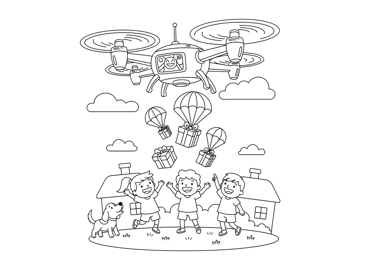 רחפן משלוחים מוריד חבילות - רחפן משלוחים עתידני מוריד חבילות מתנה עטופות לילדים שמחים בשכונה, מדחפים מסתובבים, מסך GPS, מצנחי חבילות, כלב נובח על הרחפן, גגות בתים למטה