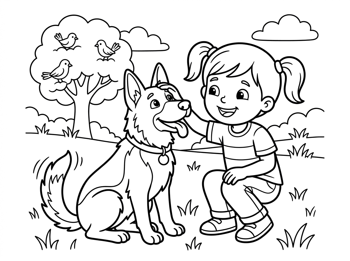 תכין לי דף לצביעה של ילד מלטף כלב רועה גרמני