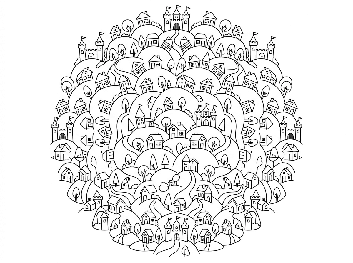 אשמח לדף ציור שכולו מלא מעין מנדלה, כל הדף גבעות נמוכות בגדלים משתנים ועל גבי הגבעות בתים קטנים משתנים, חלק בתים קלאסיים עם גג משולש וארובה וחלק טירות, הכל קטן (כל בית בין סנטימטר לשתיים) וממלא את כל הדף