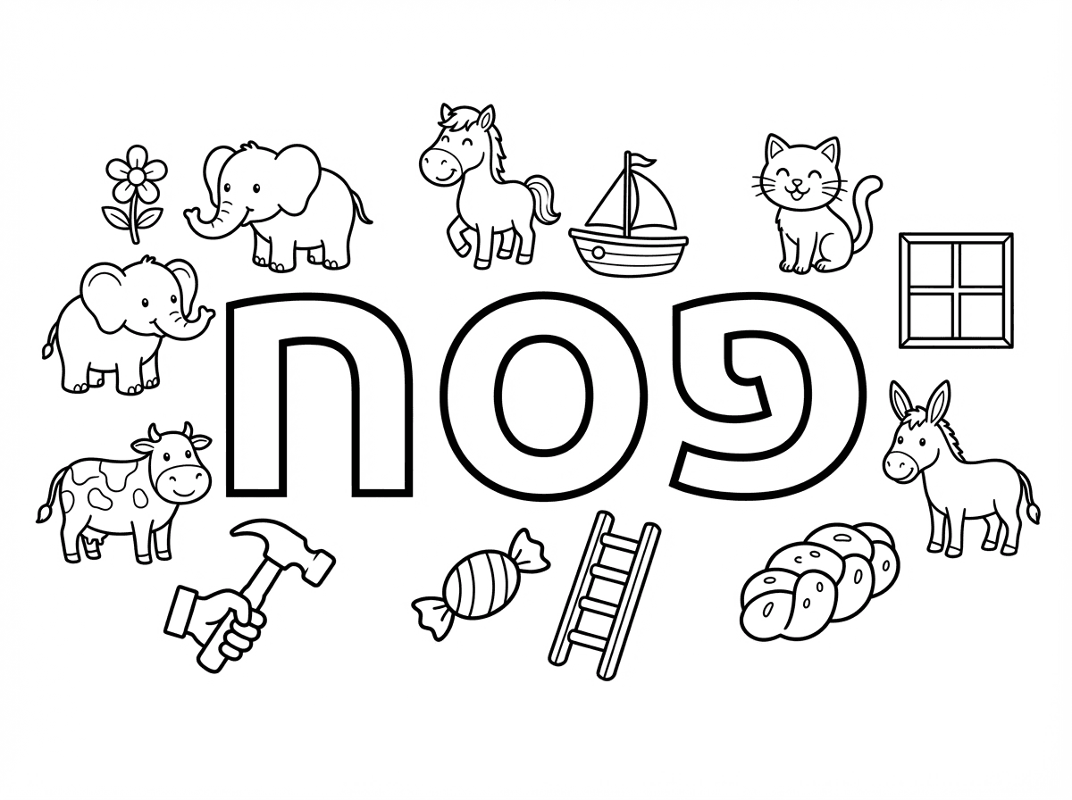 תכין לי דף צביעה שכתוב בו באמצע בגדול את המילה פסח
ומסביב כל מיני חפצים שמתחילים באותיות פ, ס, ח 
ארבע מילים מכל אות