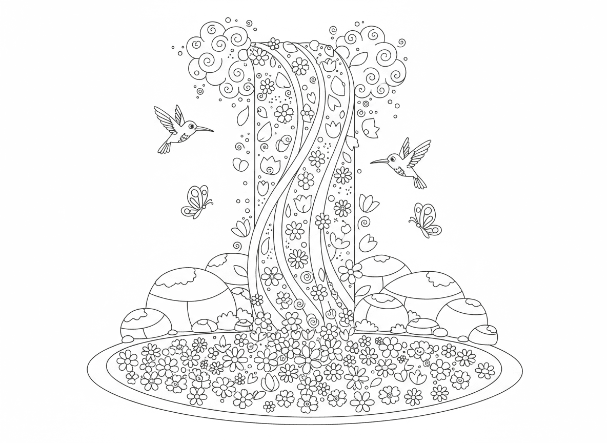 מפל קשת פרחים - מפל קסום שזורם עם עלי כותרת בצבעי קשת במקום מים, ערפל אבקה, פרפרים ויונקי דבש מבקרים, בריכת פרחים צפים למטה, סלעי קשת מכוסי טחב