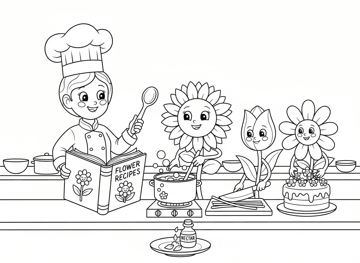 שיעור בישול לפרחים - פרחים בשיעור בישול, ורד שף מלמד, חמנייה מערבבת מרק עלי כותרת, צבעוני חותך גבעולים, חיננית מקשטת עוגה עם פרחים מיני, ספר מתכוני מאכלי פרחים, תיבול צוף