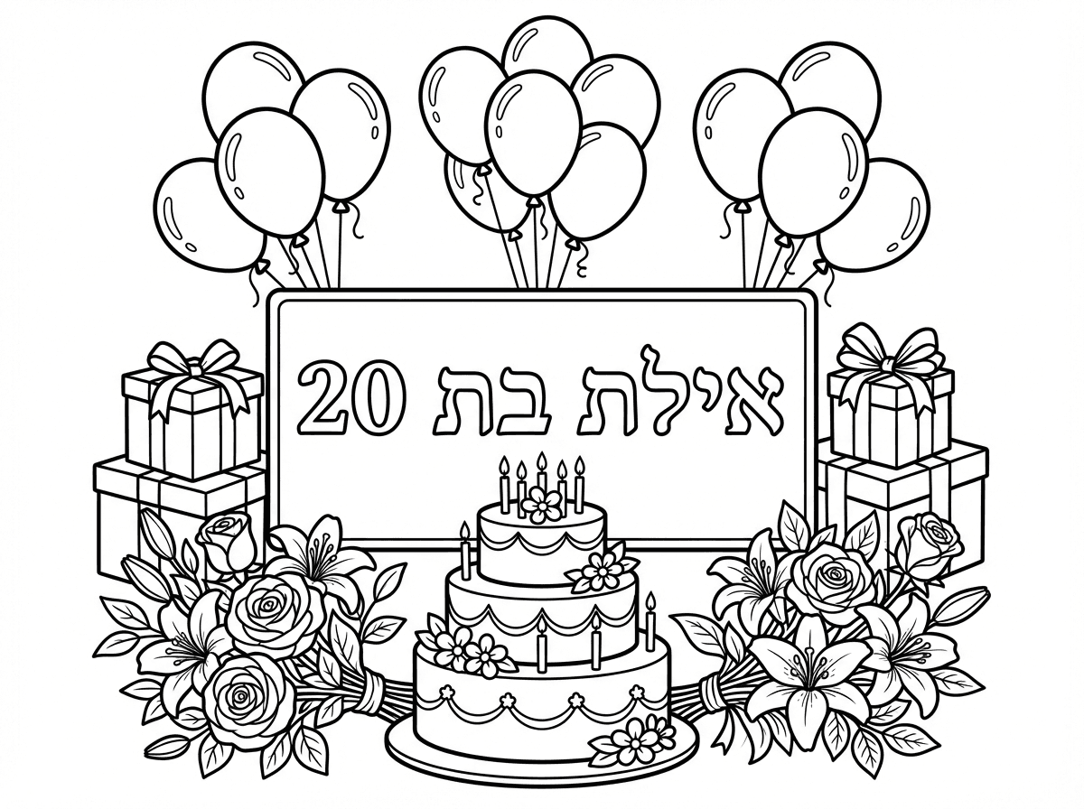דף צביעה שכתוב 
על שלט:
אילת בת 20
עם ציורים בוגרים שמתאימים לבחורה
ובציור יש 
פרחים יפים , מתנות, בלונים, עוגה....