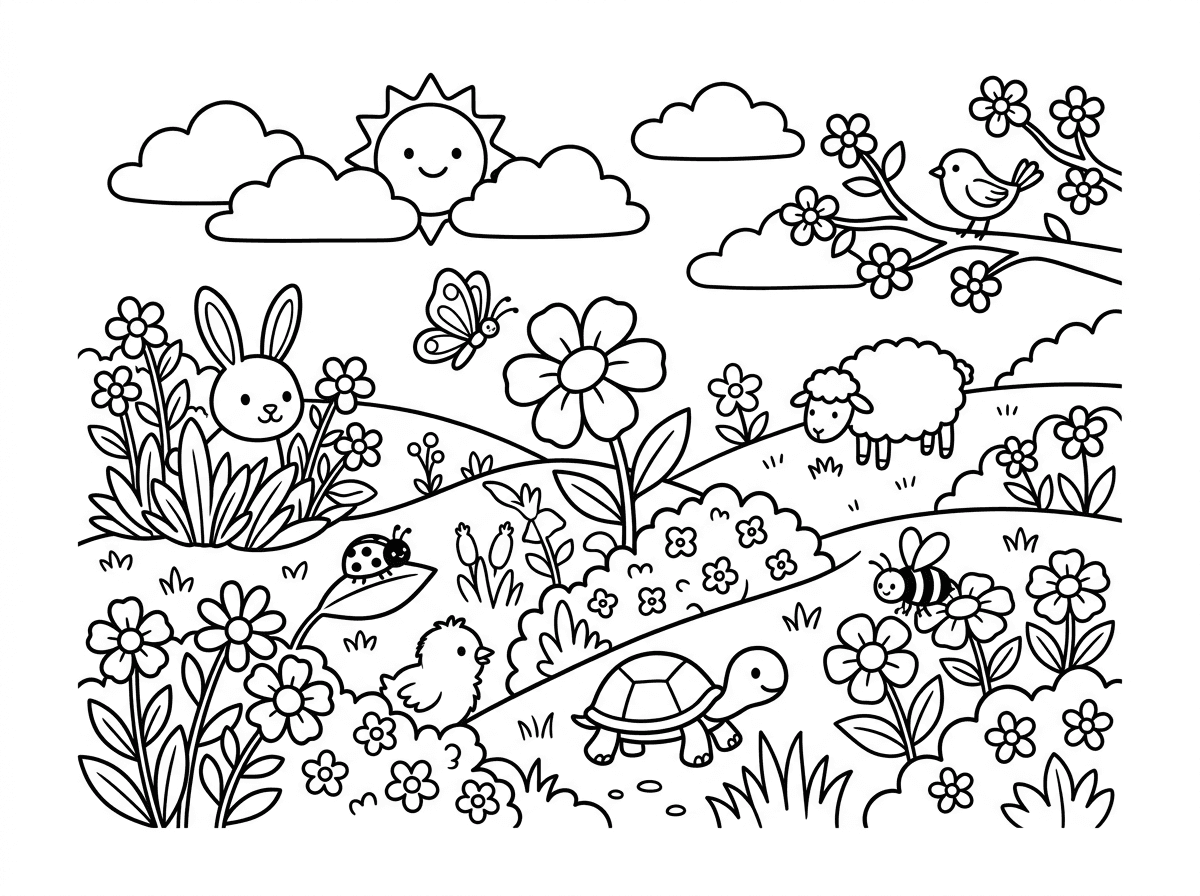 רוצה דף של אביב שיסתתרו שם  ארנב פרפר חיפושית אפרוח צב שמש פרח דבורה כבשה ציפור