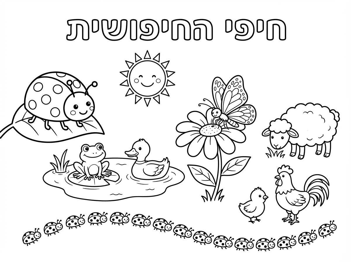 רוצה דף צביעה של שמש חיפושית  צפרדע פרפר מוצר צוף מהפרח כבשה ברוזה בבריכה   אפרוח ותרנגול  ושיירה ארוכה של חיפושיות  לכתוב בראש הדף חיפי החיפושית