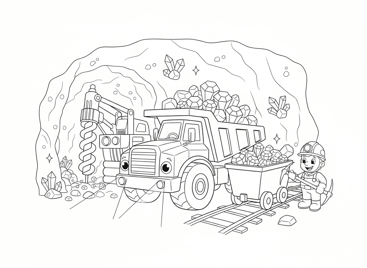 כלי רכב כרייה מתחת לאדמה - כלי רכב כרייה עובדים עמוק מתחת לאדמה, משאית כרייה נושאת אבני חן וזהב, מכונת קידוח חודרת קיר סלע, פנסים מאירים קריסטלים, עגלת כרייה על פסים, כורה עם אור קסדה