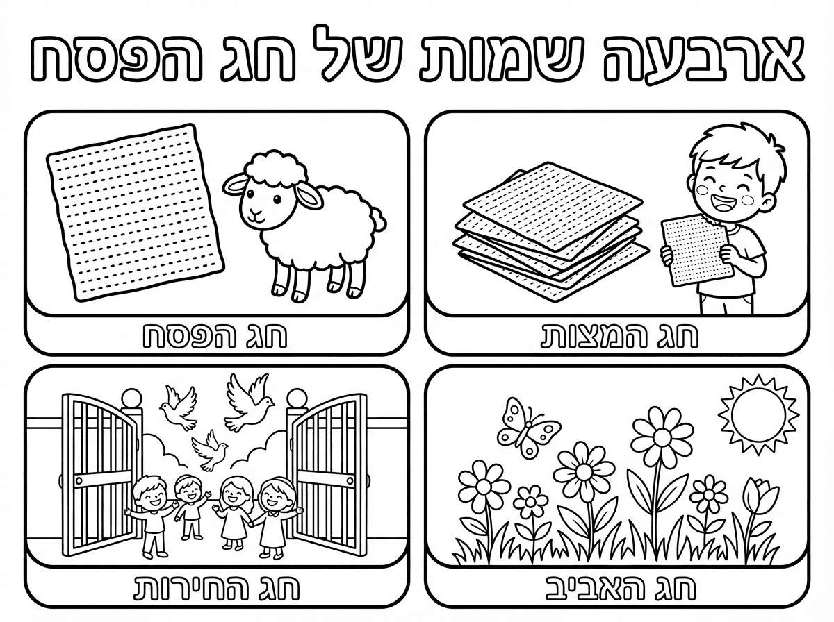 היי אני רוצה דף צביעה על 4 שמות של חג הפסח