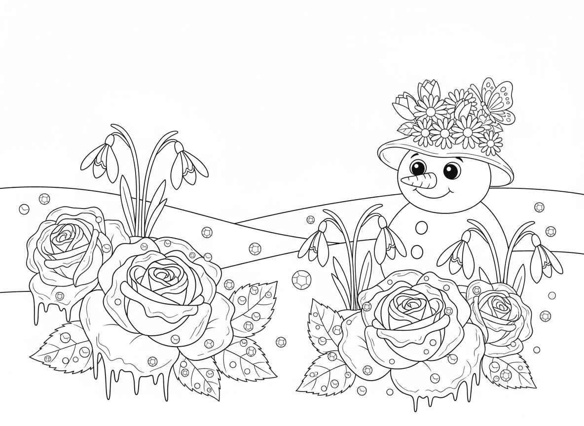 ארץ פלאות חורפית של פרחים - פרחים פורחים בנוף חורפי מושלג, ורדים מכוסי כפור, פרחי שלג דוחפים דרך השלג, עלי כותרת קרחונים, טיפות טל קפואות כקריסטלים, איש שלג עם כובע פרחים, פרפר חורף