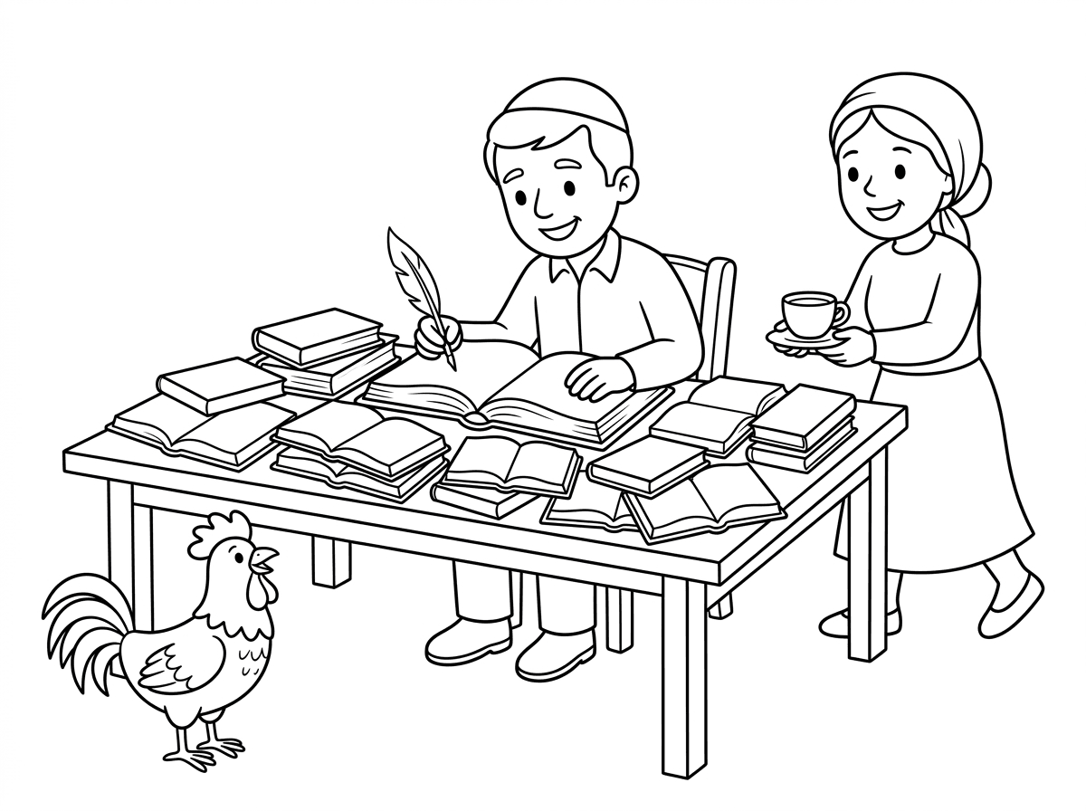 אברך לומד ויש על השולחן 40 ספרים פתוחים ואשתו מביאה לו קפה ויש תרנגול ליד השולחן