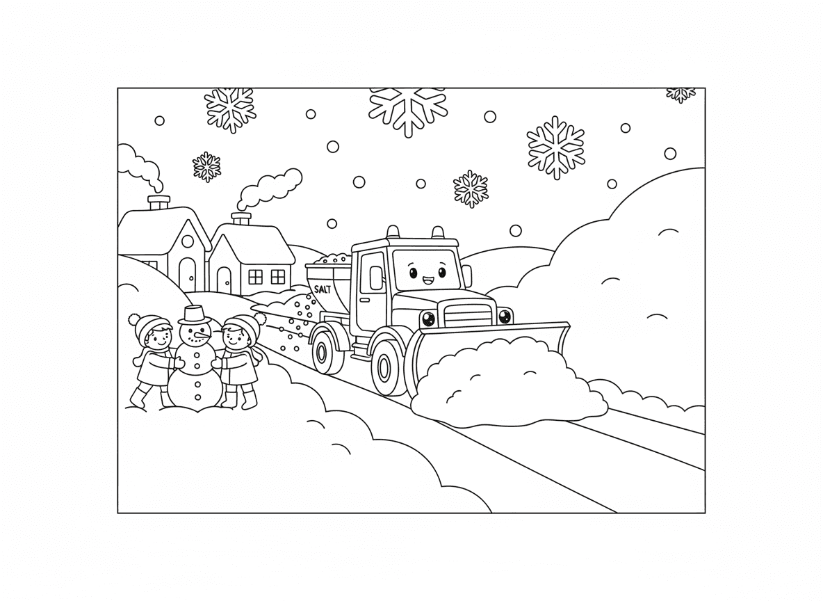 מפלסת שלג מפנה את הכביש - מפלסת שלג גדולה עם פרצוף שמח מפנה כביש מושלג, להב ענק דוחף שלג הצידה, מפזר מלח מאחור, שלג נערם גבוה משני הצדדים, ילדים בונים איש שלג בקרבת מקום, בתים מפנקים, פתיתי שלג