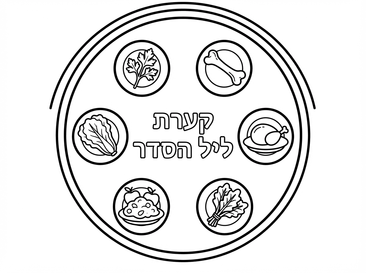 אתה יכול ליצור לי דף צביעה לפסח של קערת ליל הסדר. בצלחת וכל מאכל בצלחת קטנה בתוך הקערה הגדולה ובאמצע כתוב בכתב חלול קערת ליל הסדר