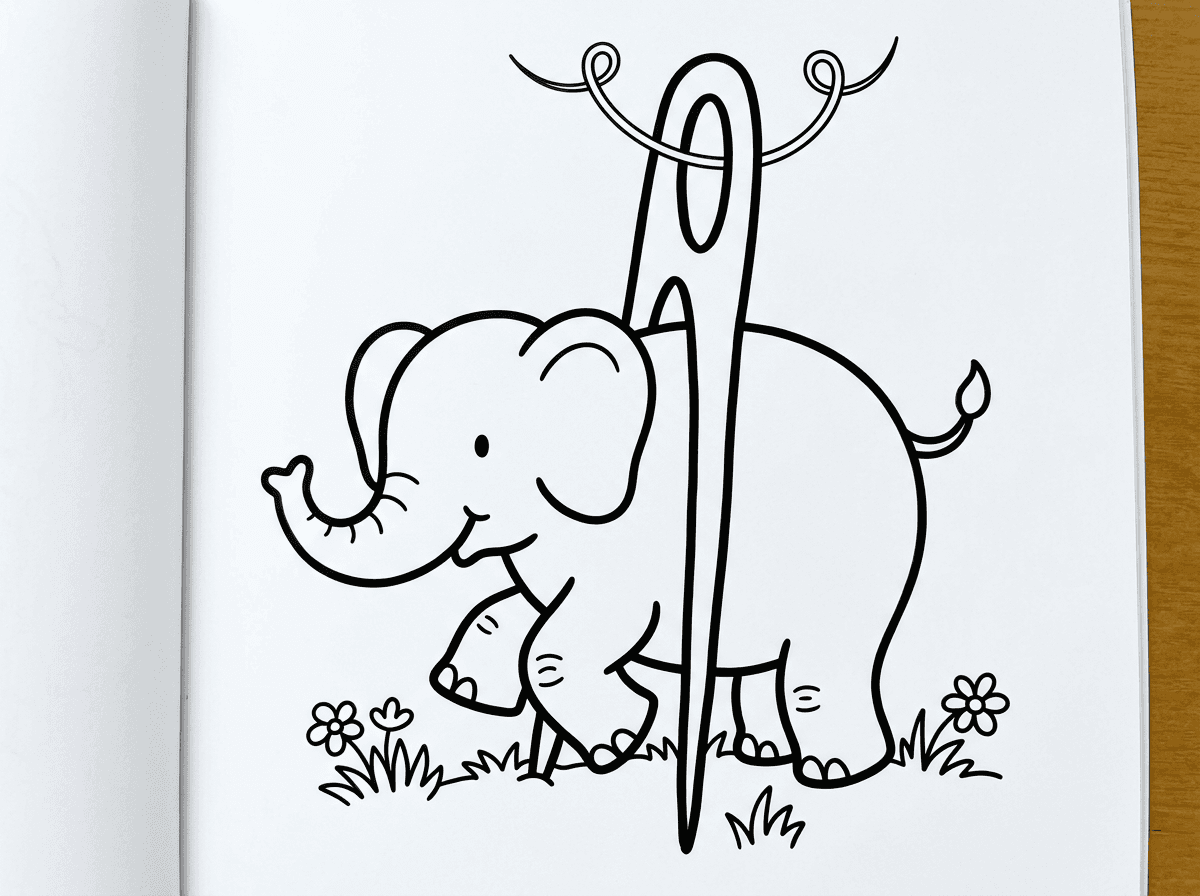 עכשיו אני רוצה ציור של פיל נכנס בתוך חור של מחט