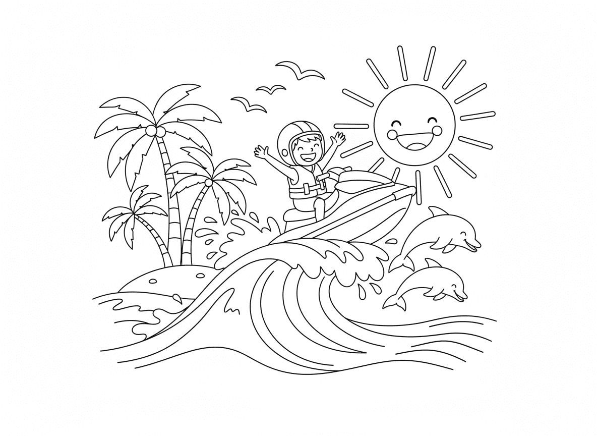 אופנוע ים קופץ גלים - אופנוע ים קופץ מעל גל גדול, רוכב עם קסדה ואפוד הצלה, מתז מים, דולפינים קופצים בקרבת מקום, אי טרופי ברקע, דקלים, שמש, שחפים