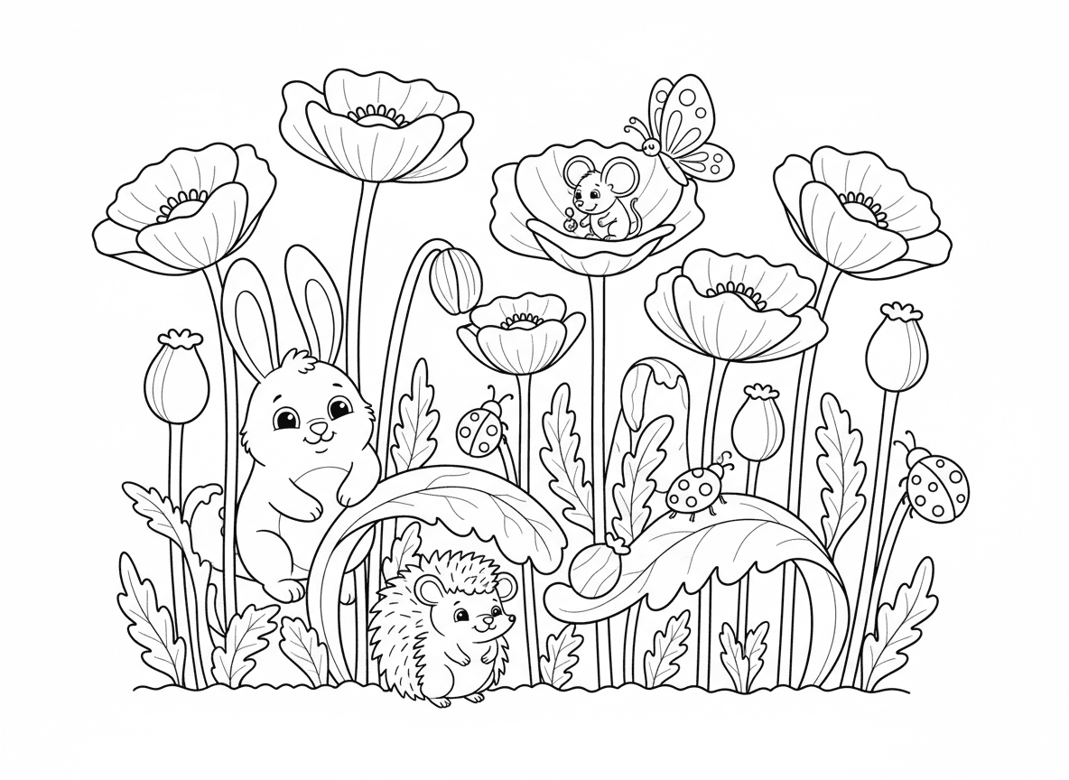 שדה פרגים ענק עם חיות מוסתרות - שדה עצום של פרגים אדומים עם חיות חמודות מציצות, ארנב מתחבא בין גבעולים, קיפוד מתחת לעלה, עכבר יושב על פרג, פרפר נוחת על ניצן, חיפושיות מטפסות על גבעולים