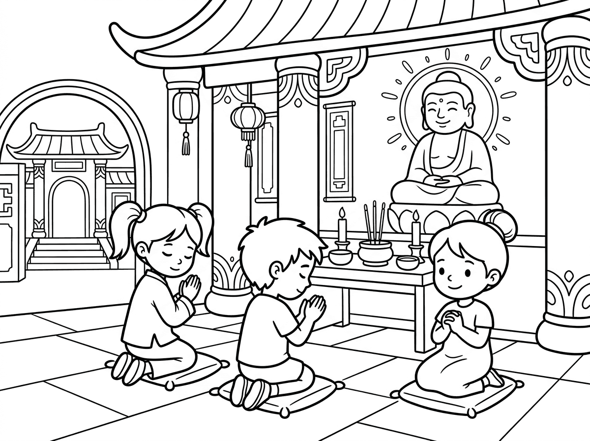 ציור של בית מקדש וילדים מתפללים בבית המקדש.