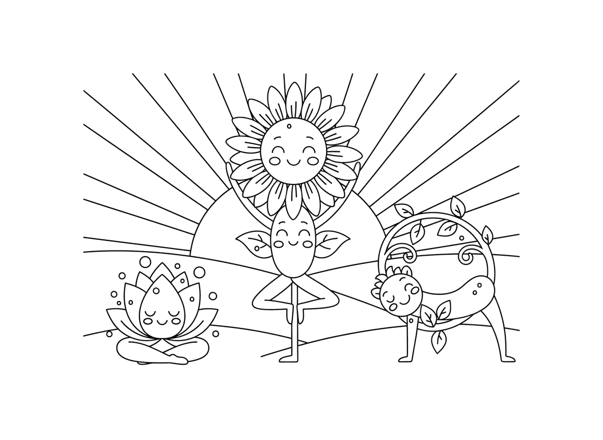 יוגת פרחים בבוקר - פרחים עושים מתיחות יוגה בוקר כשהם מתעוררים ופותחים עלי כותרת, חמנייה עושה ברכת שמש, לוטוס במדיטציה, גפן במתיחות, טל בוקר כטיפות זיעה, זריחה ברקע